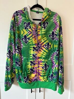 Tie-Dye Fleur-de-Lis Mardi Gras Zip Hoodie in Green, Purple & Yellow, size 2XL